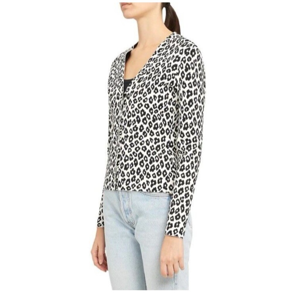 Theory Women Small Jacquard Leopard Print V-Neck Cardigan  Black White Stretchy